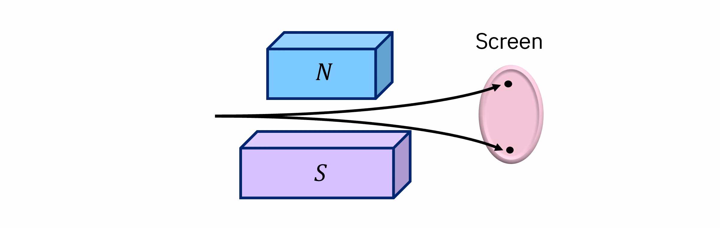 Diagrama de um feixe de partículas sendo defletidas para cima ou para baixo, atingindo um de dois pontos na tela, sem partículas entre esses dois máximos