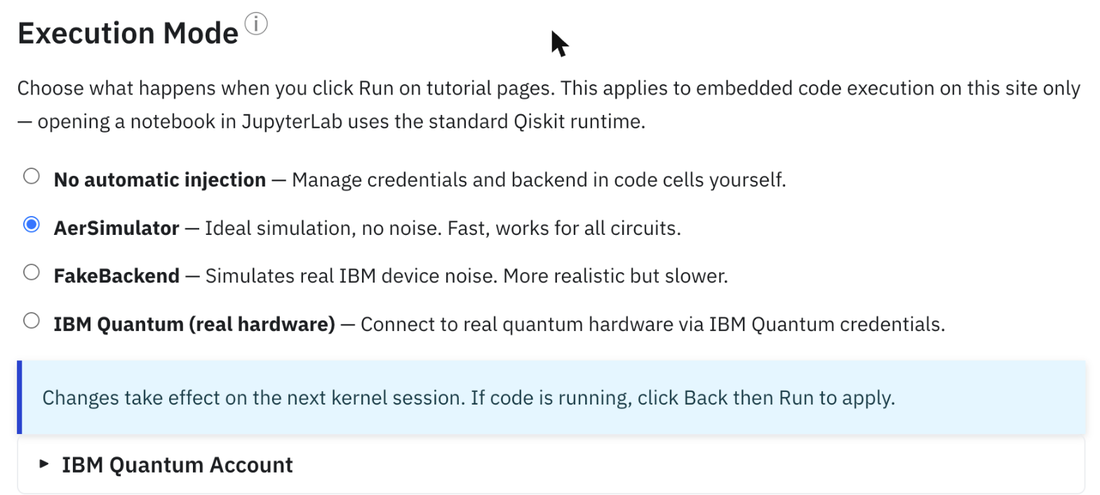 A configuração Modo de Execução: AerSimulator, FakeBackend ou IBM Quantum (hardware real).